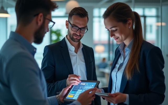 Equipo colaborando y analizando datos, representando la eficiencia y los resultados comprobados de Vía Crecimiento.